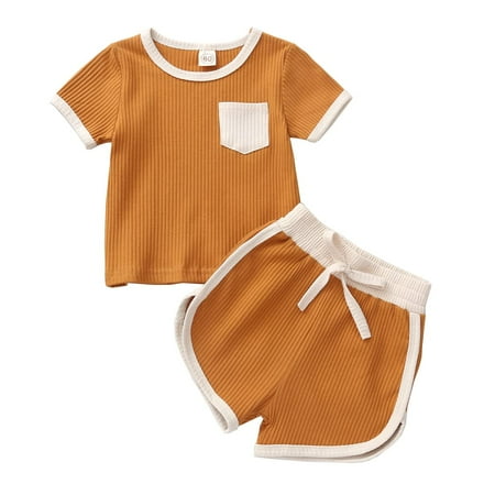 

StylesILove Baby Boys Girls Contrast Binding Solid Top & Shorts 2pcs Unisex Toddler Ribbed Short Sleeve Cotton Summer Outfit (Mustard Yellow 12 Months)