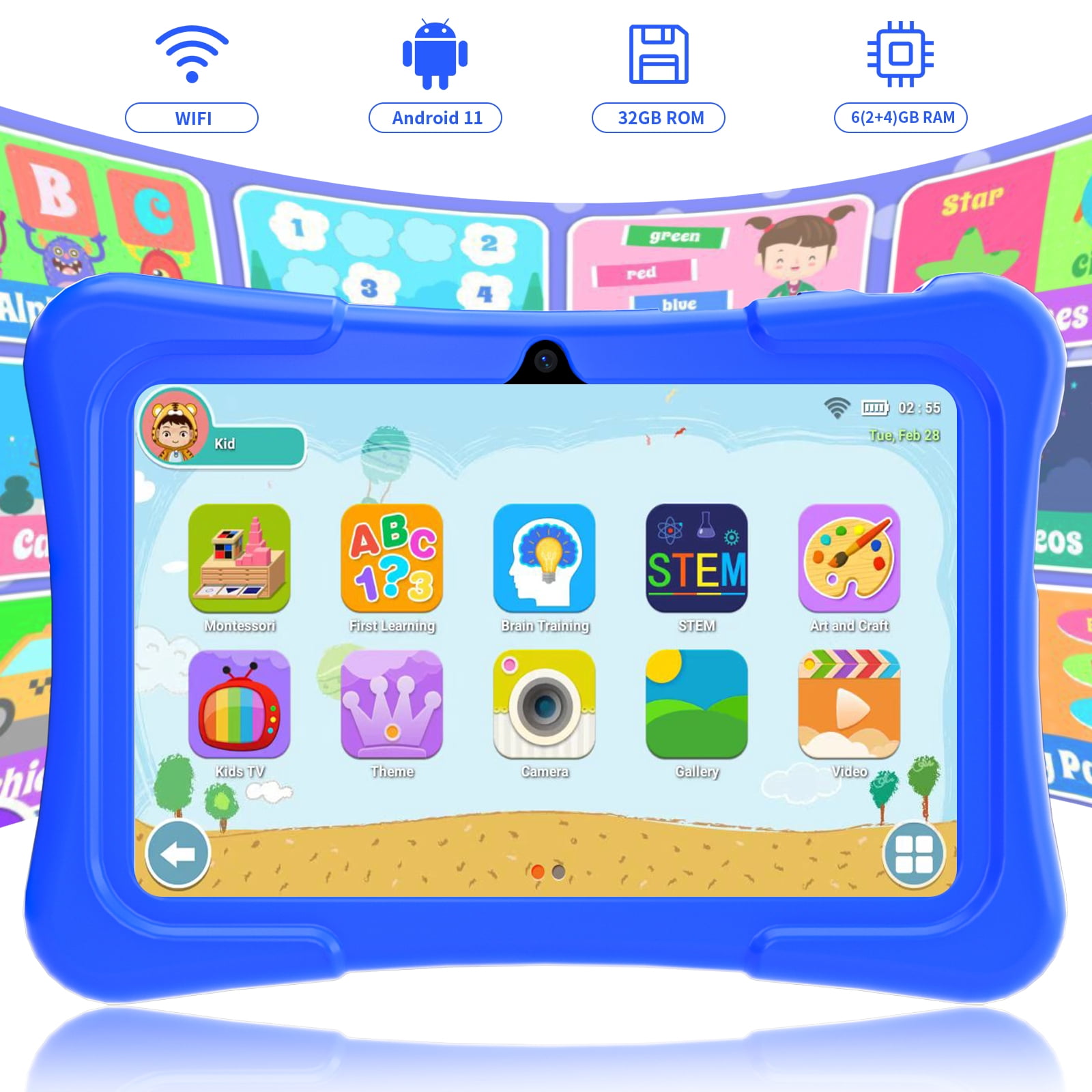 EDDBNi 7" Kids Tablet，6GB RAM 32GB ROM Android Tablet Computer for Children，parental controls，Eye Protection Toddler Tablet for Ages 4-12（Dark blue）