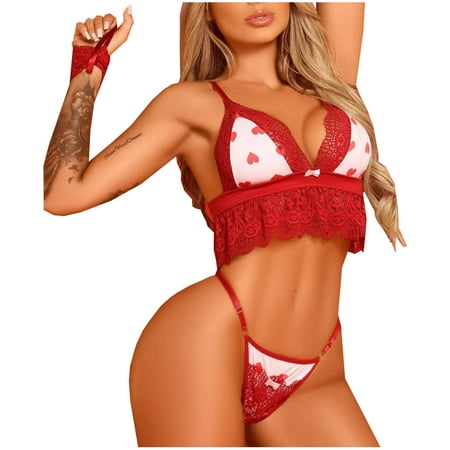 

JeashCHAT Sexy Lingerie for Women Love Printing Ultra-thin Halterneck See-Through Sexy Suit Sexy Lingerie Underwear Set