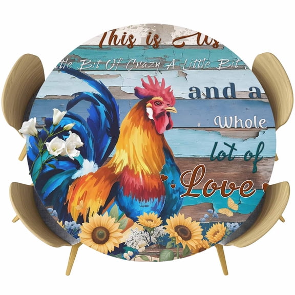 Sunflowers Chickens Round Tablecloth, Fitted Table Cover with Elastic for 45"-54" Round Tables, Farms Animal Wooden Grain Cabin Table Cloth Outdoor Indoor Dinning Party Waterproof Tablecloths