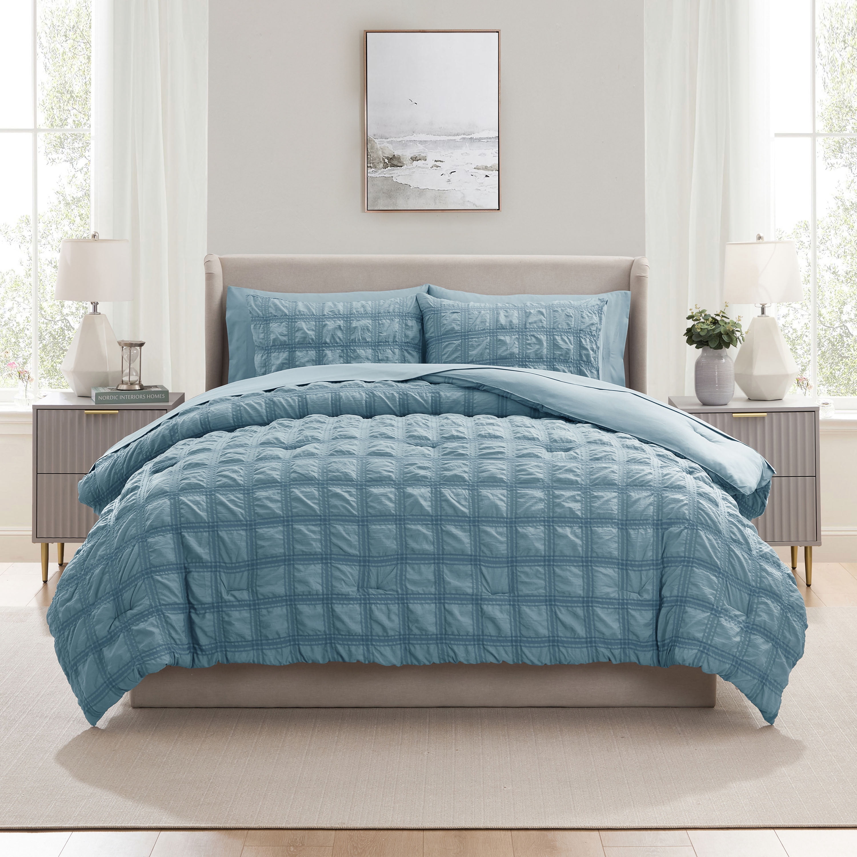 LammaLoe Queen Comforter Set, 7 Piece Seersucker Bed in a Bag, Bedding Comforter Set with Sheets, Modern Bed Set, Stone Blue