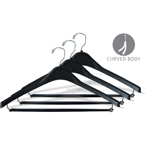 The Great American Hanger Company Heavy-Duty Black Plastic Coat Hanger with Locking Pant Bar, Box of 100 1/2 Inch Thick Countoured Hangers with Chrome