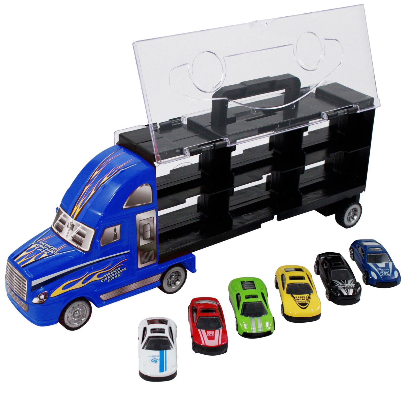 Transport Carrier Truck Toy Car with 6 Die-cast Vehicles Friction Powered Racing Car