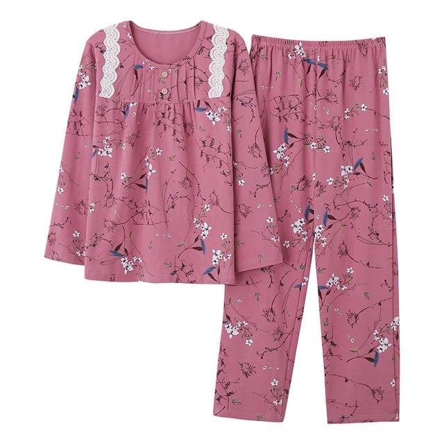 REDHOTYPE Pyjama Fantaisie à Fleurs pour Femme, Printemps Automne, Maman, Manches Longues, Coton, Col Rond, Automne pour Femme, Grande Taille, Tenue d'Intérieur