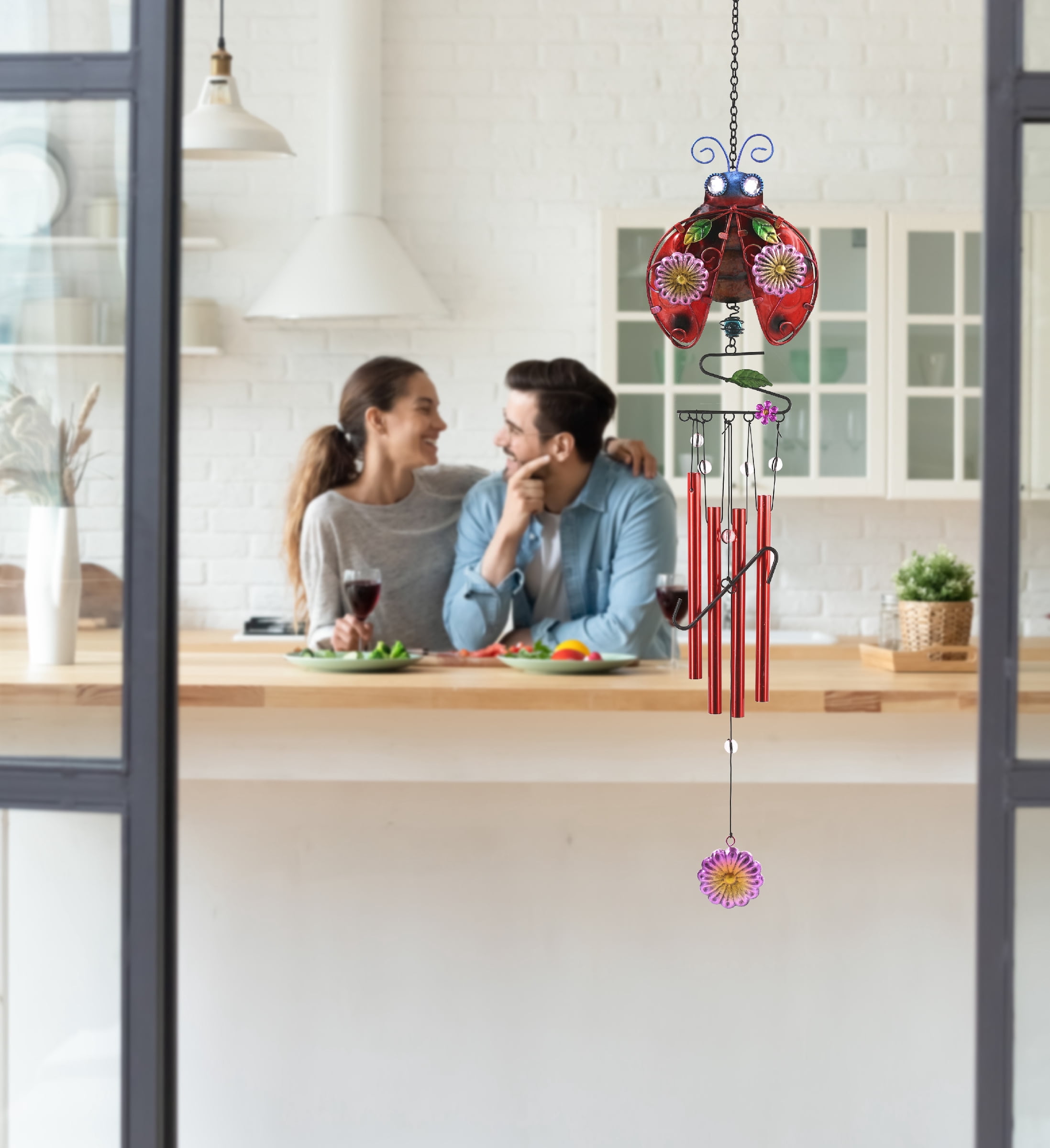CoTa Global Ladybug Wind Chime - Handmade Glass and Metal Chime - Bug Wild Life Hanging Decor - Colorful Home Decor Gift, Indoor and Outdoor Hanging Decoration For Porch, Patio, and Garden - 33.5 Inch