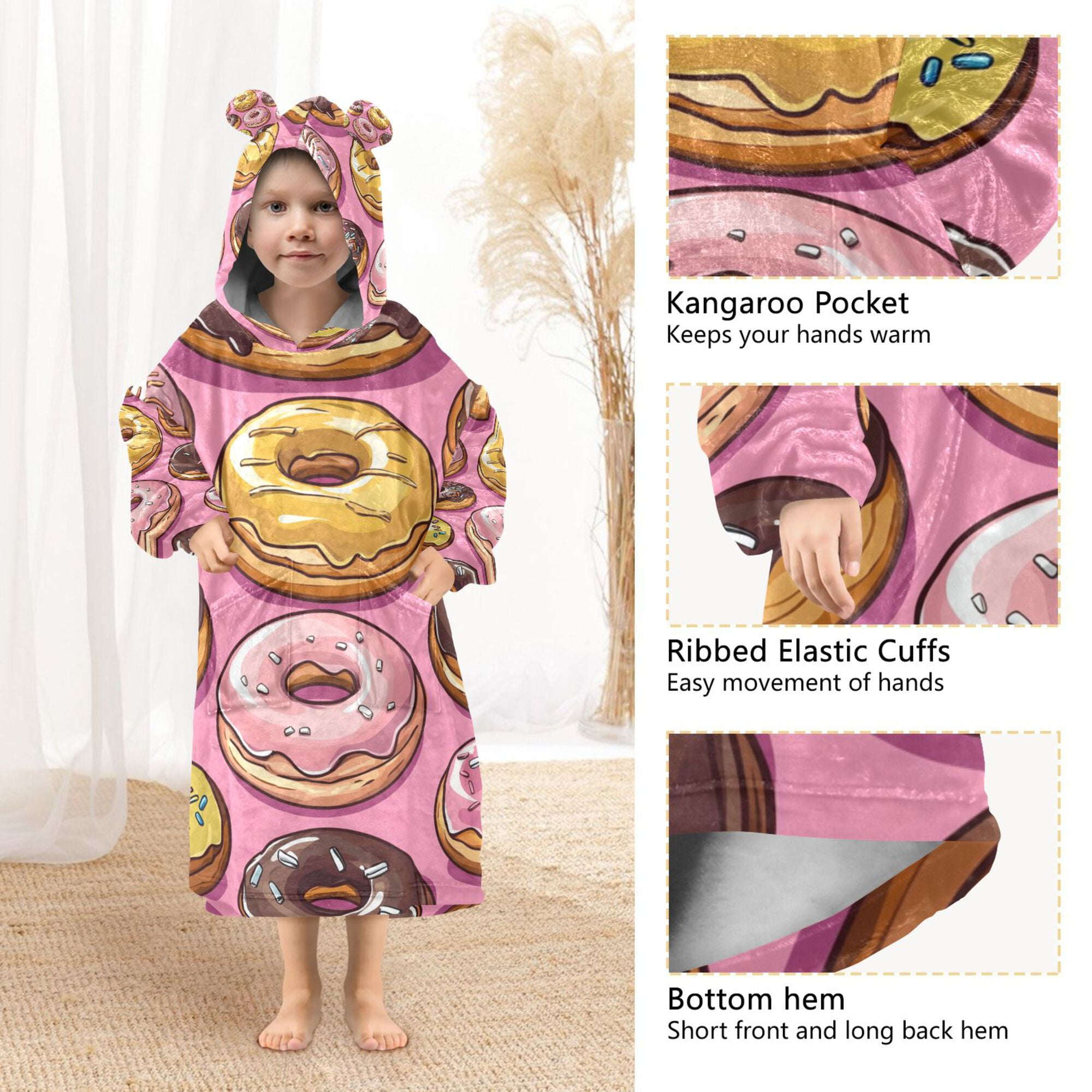 FORMRS Wearable Blanket Hoodie with Sleeves for Kids Cozy Flannel Sweatshirt, Cute Doughnuts Pattern