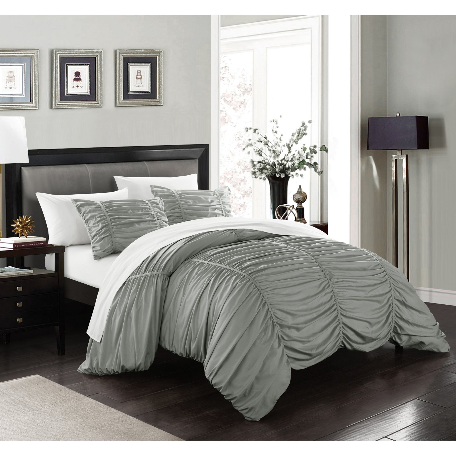 Chic Home Kaiah 2 Piece Comforter Set Contemporary Striped Ruched Ruffled Design Bedding-Decorative Pillow Sham Included/XL, Twin, Grey