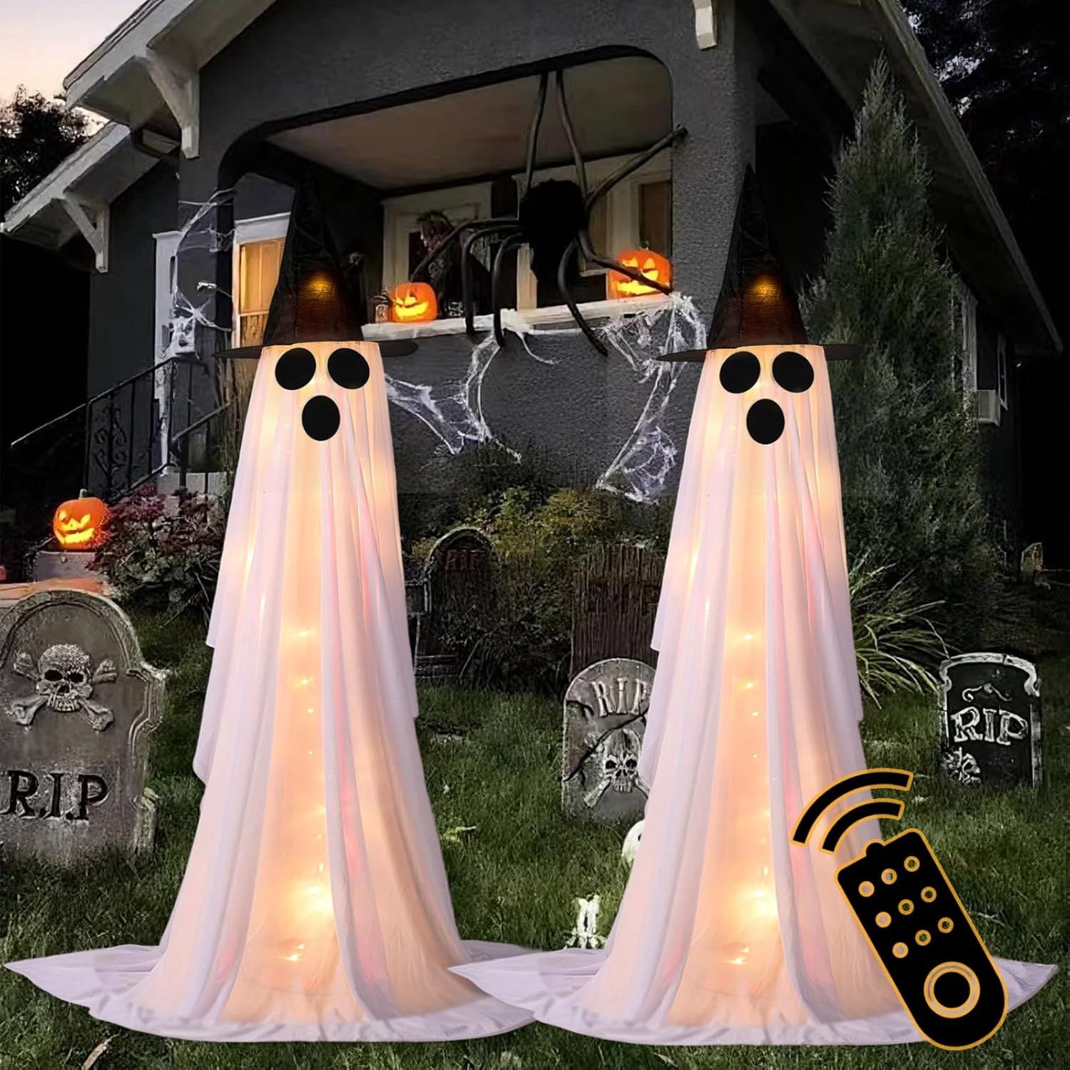 2 Pack Light Up Ghost Decorations with Remote Control Timer for Outdoor Halloween Yard