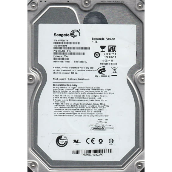 ST31000528AS, 6VP, SU, PN 9SL154-515, FW CC44, Seagate 1TB SATA 3.5 Hard Drive