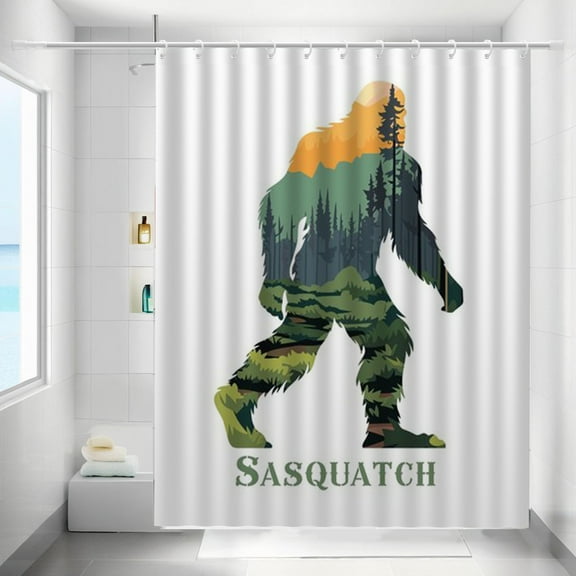 Bigfoot Squatch Shower Curtains White Bigfoot Waterproof Bathroom Curtains with Hooks, Unique Art Squatch Bigfoot Graphic Themed Bathroom Decor