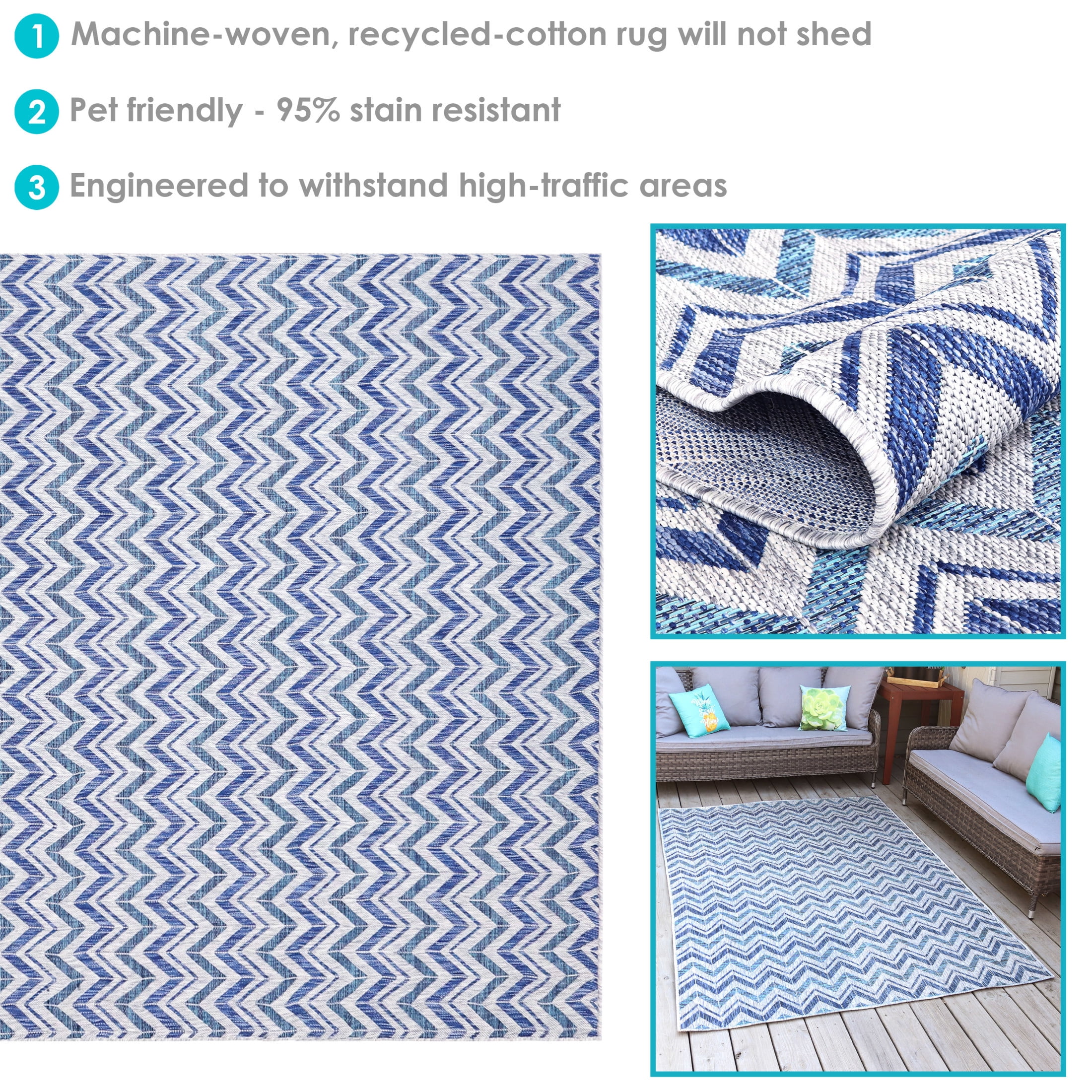 Sunnydaze Dreams Classic Flat Weave Blue Chevron Outdoor Area Rug, 5' x 7'