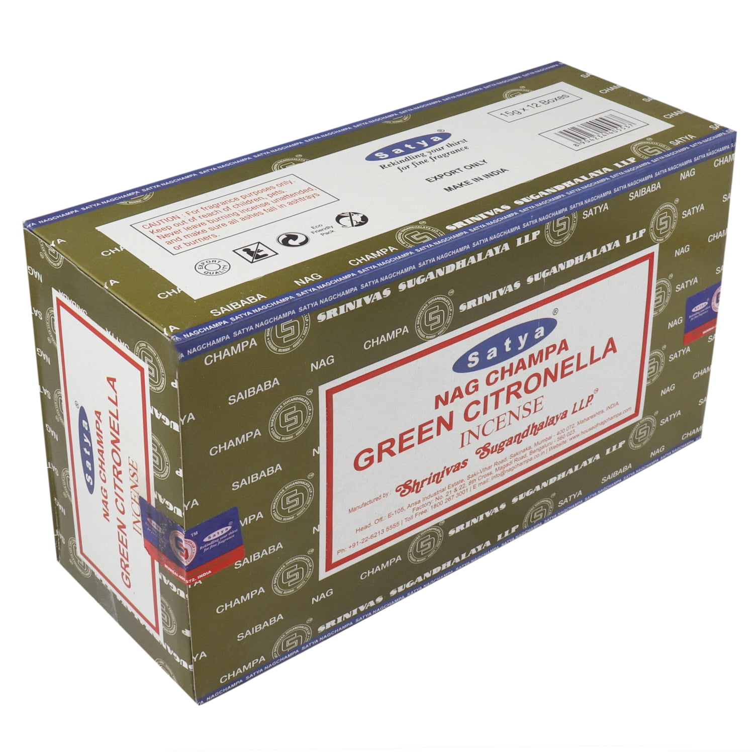 Satya Nag Champa Green Citronella Fragrance Incense Stick Pack Of 12 Aggarbatti Home Scent Fragrance Aromatherapy 15G X 12 Pack (180G)