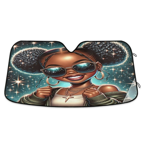 Beautiful Black Woman Wearing Sunglasses Car Windshield Sun Shade Foldable Car Front Window Visor Heat and UV Protection 53x23.5