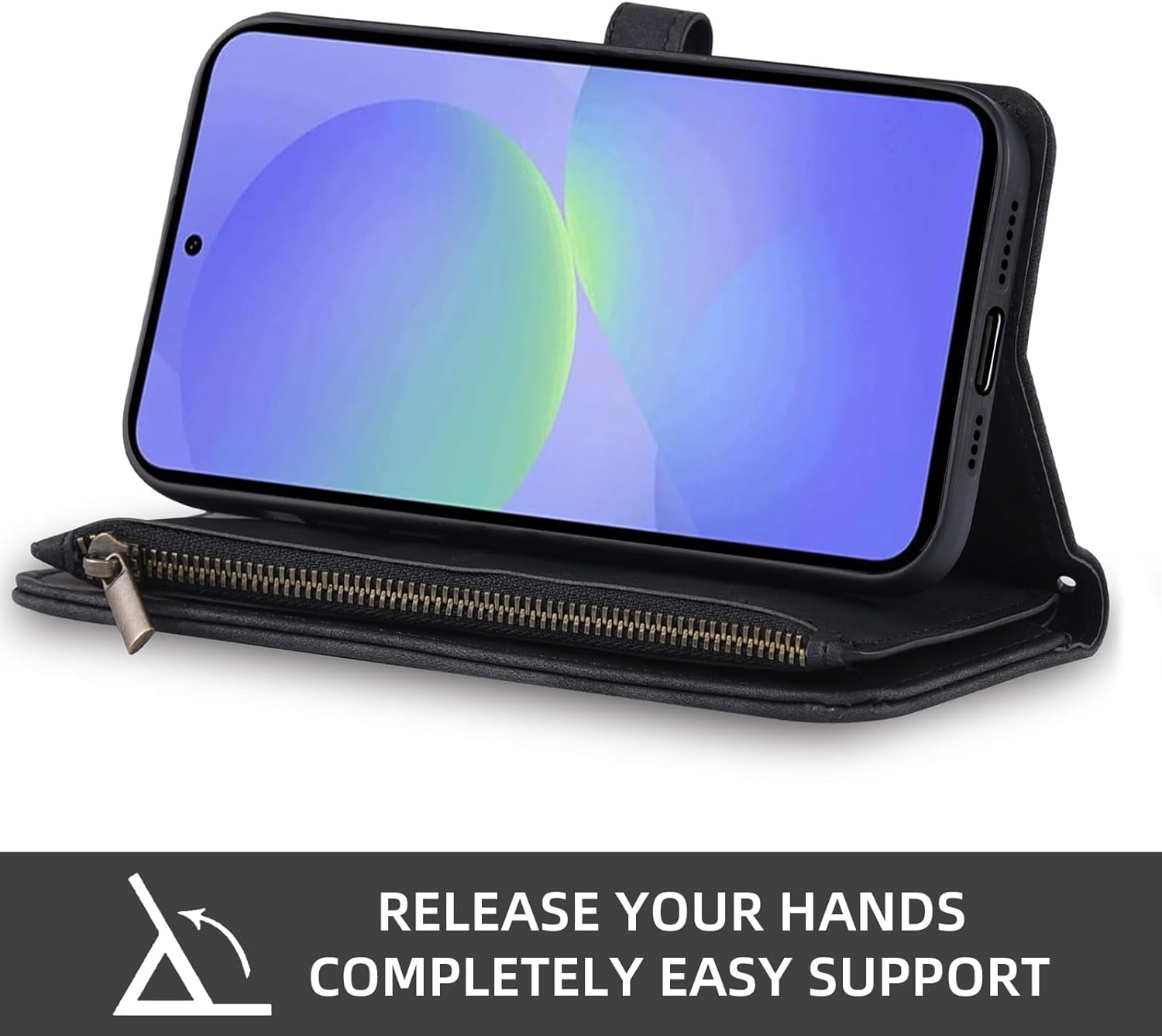Asuwish Phone Case for Samsung Galaxy A36 5G Wallet Cover With Tempered Glass Screen Protector Crossbody Wrist Strap Flip Pattern Zipper Credit Card Holder Cell A 36 36A LTE SM-A366U Women Men Black