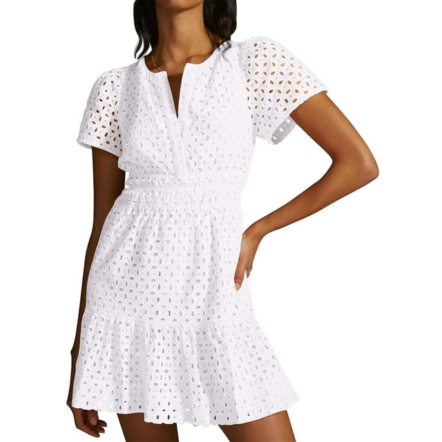 FOCUSNORM Robe Mini Femme Slim Pointelle Col en V Manches Courtes Taille Smockée Robe à Volants pour Plage Fête Club