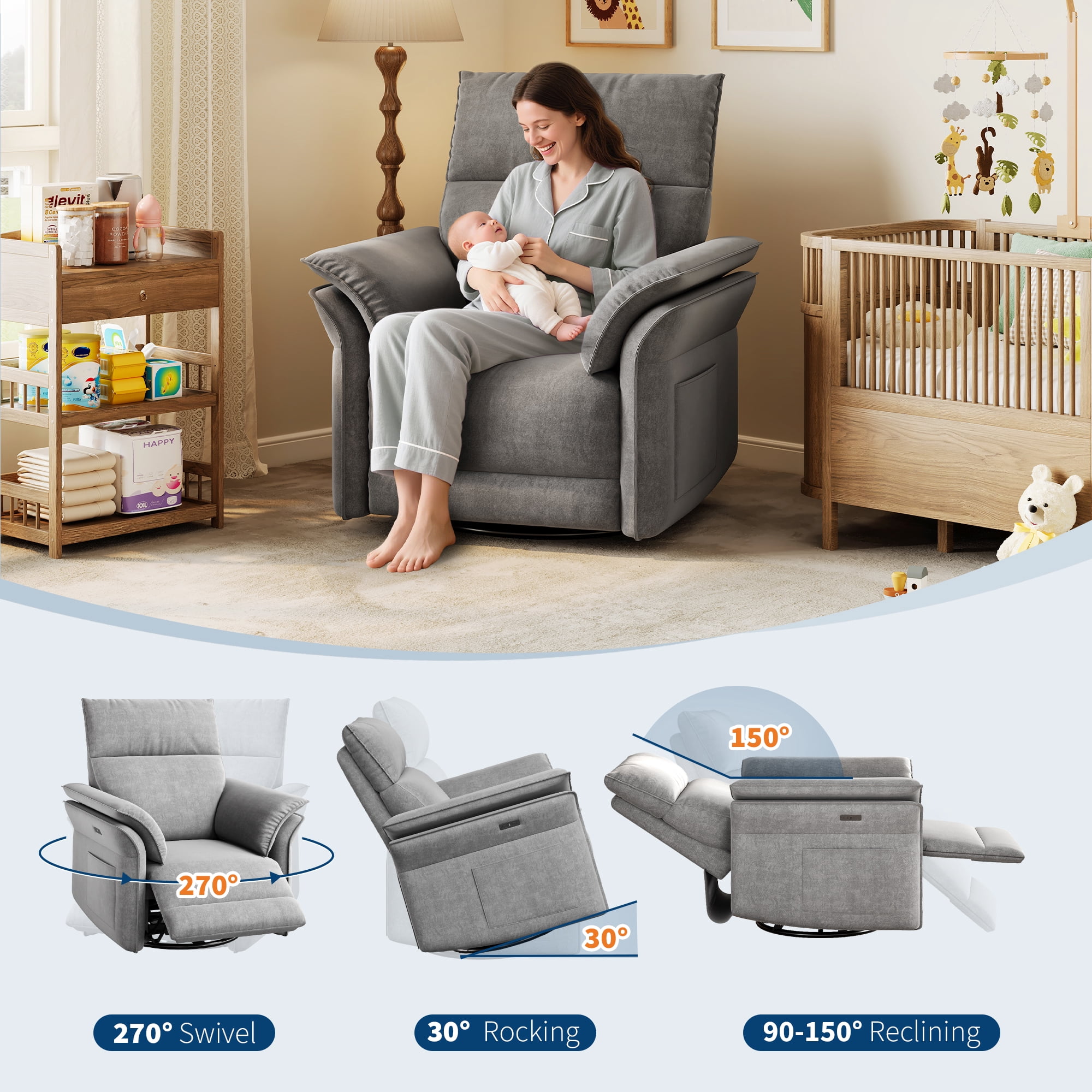 Power Recliner Chair Glider – Swivel Rocker with USB Charging Port, 270° Rotation, 350 lb Capacity, & Double-Layered Armrests – Chenille Upholstery for Living Room, Nursery, Bedroom