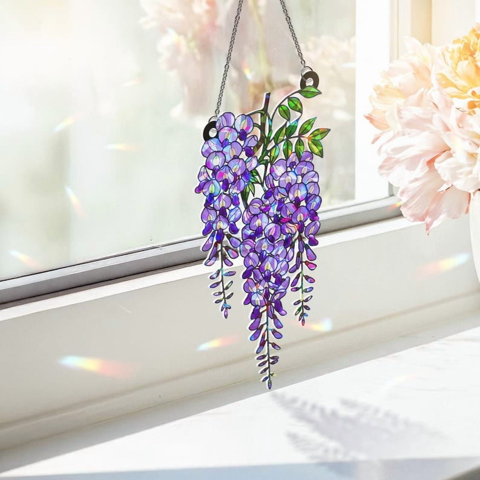 ViciArt Purple Wisteria Acrylic Suncatcher – 9" Hanging Window Decor, Stained Glass Style, Holographic Floral Ornament with Chain for Sunlight Prism Effect