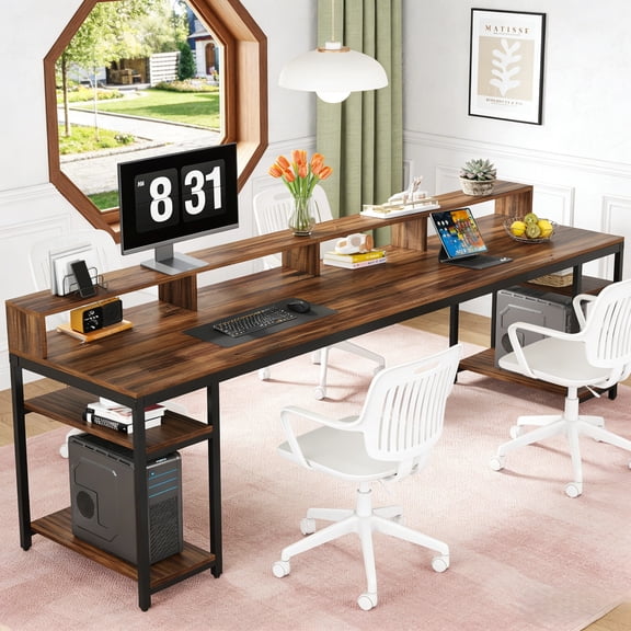 Fnova 78.74" Long Computer Desk with Monitor Stand and Storage Shelves, Industrial Home Office Writing Desk for 2, Brown