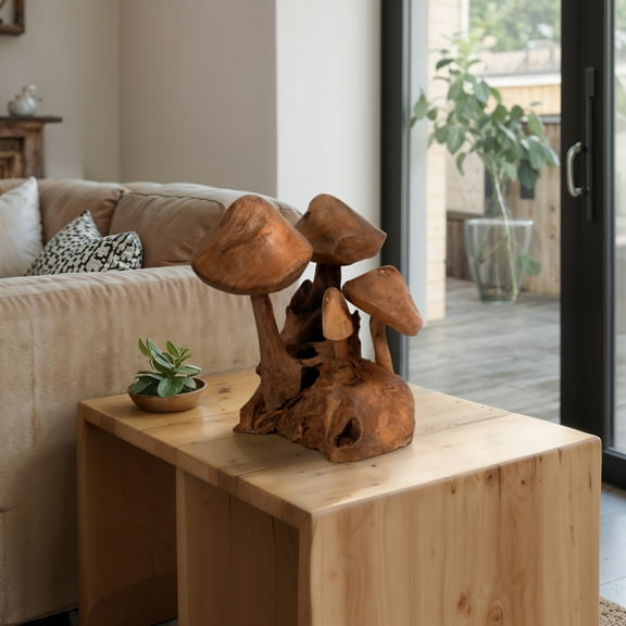 Sculpture Wood Mushroom-Inspired Design 13" Brown for Home Office Bedroom Living Room Decor