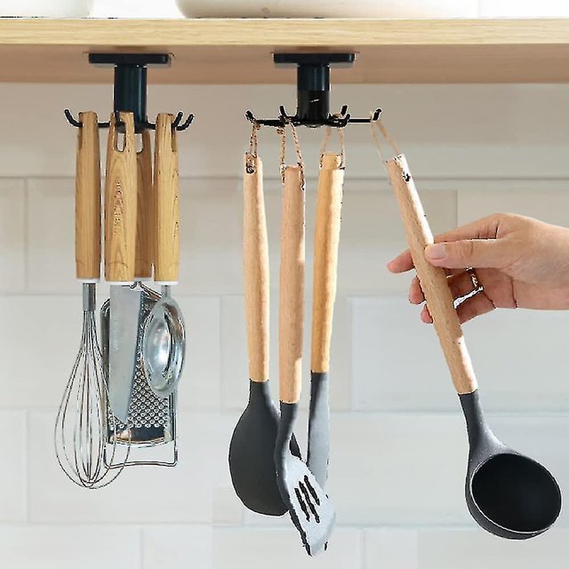 piezas, soporte para utensilios de cocina giratorio 360, con 6 ganchos, sin perforación (negro)