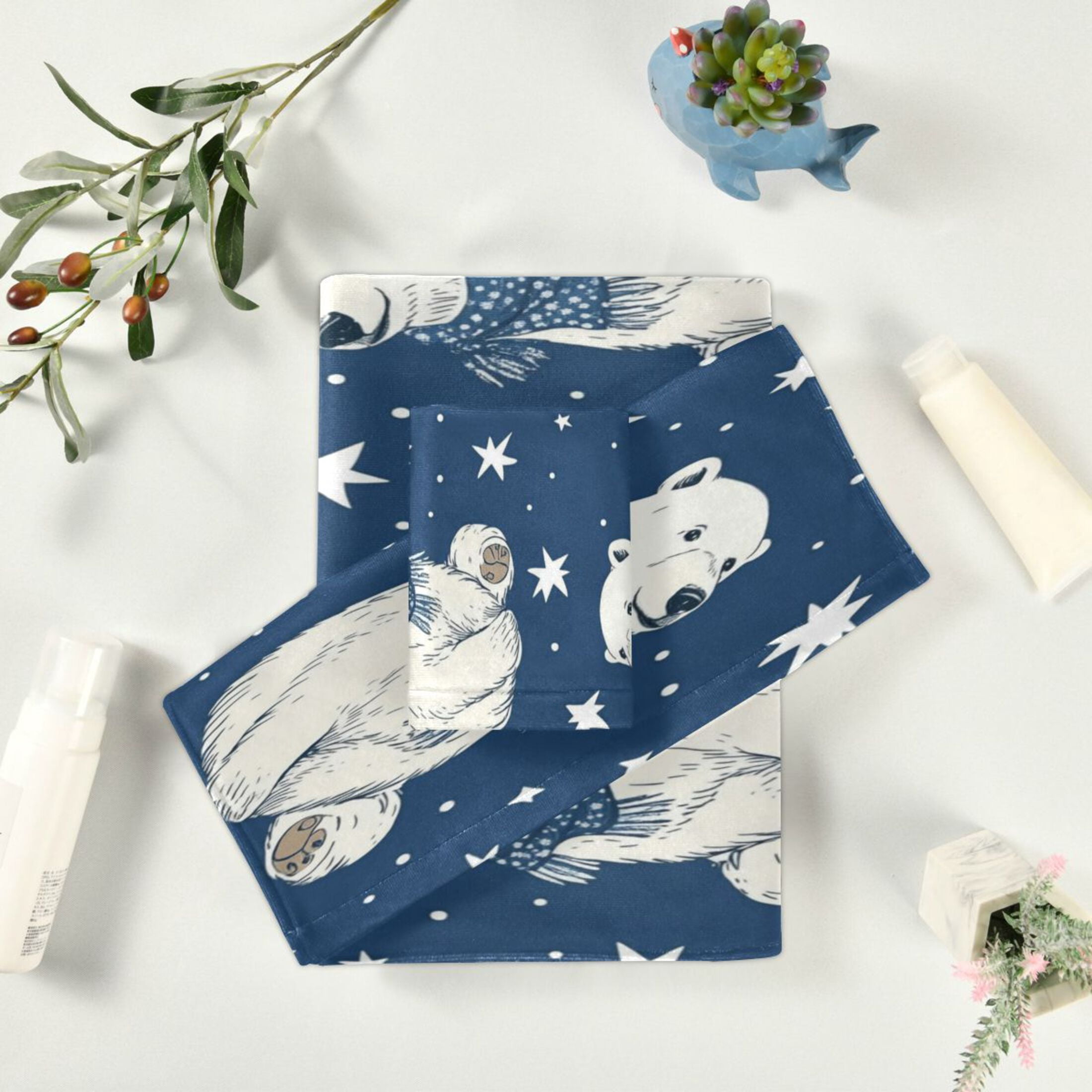 Wobogo Cute Polar Bears Pattern Ultra Soft 3 Pack Cotton Towel Set Includes 1 Bath Towel 1 Face Towel and 1 Washcloth for Everyday Use Lightweight and Compact