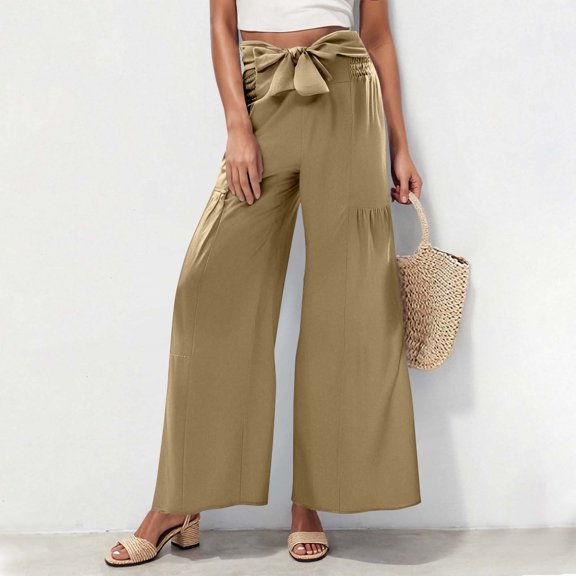 BRGZLK Womens Linen Pants Summer Fashion Solid Color Elastic Waist Drawstring Sports Casual Wide Leg Length Pants Khaki L