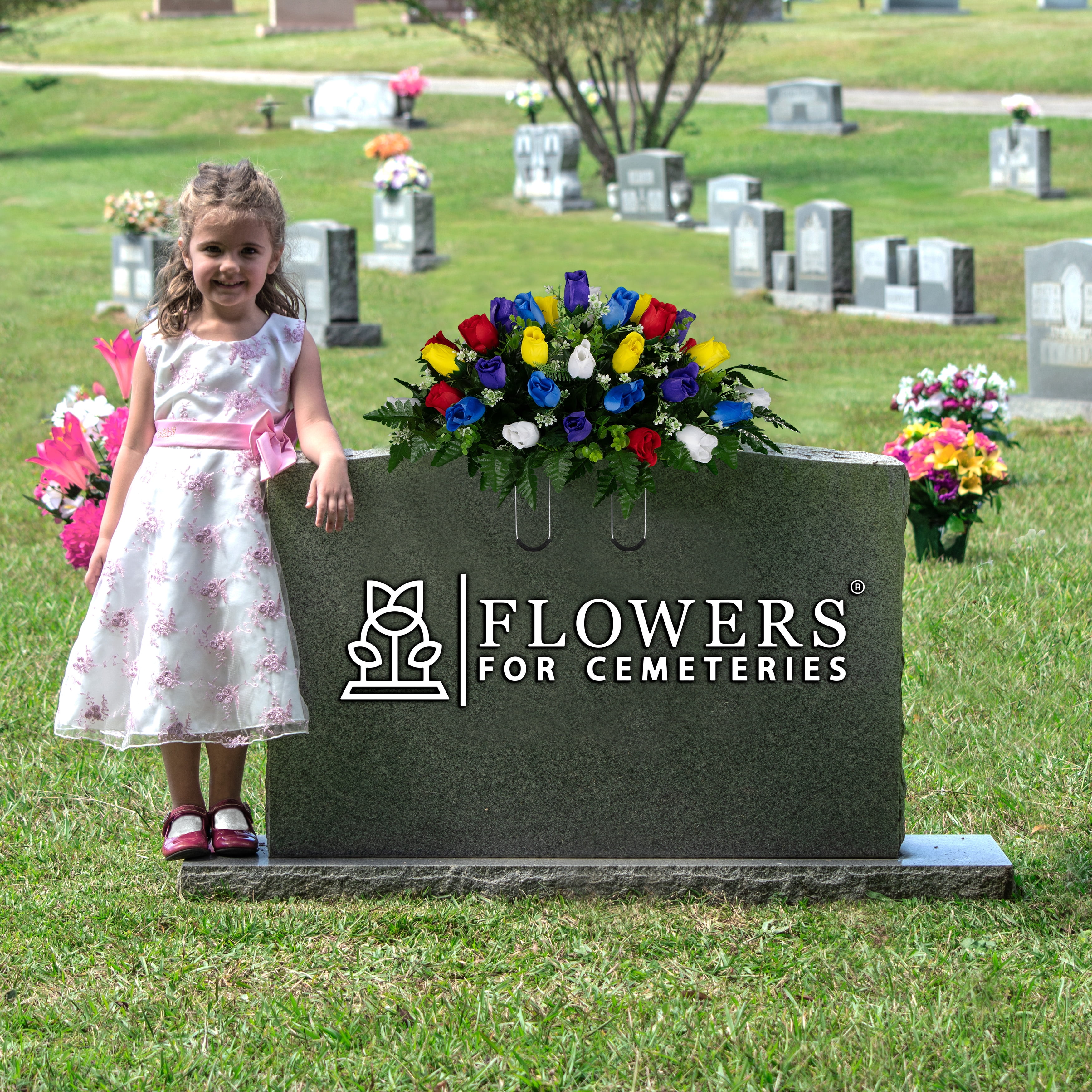 Sympathy Silks Artificial Cemetery Flowers 30" Multi-Color Rose Buds Saddle for Headstone
