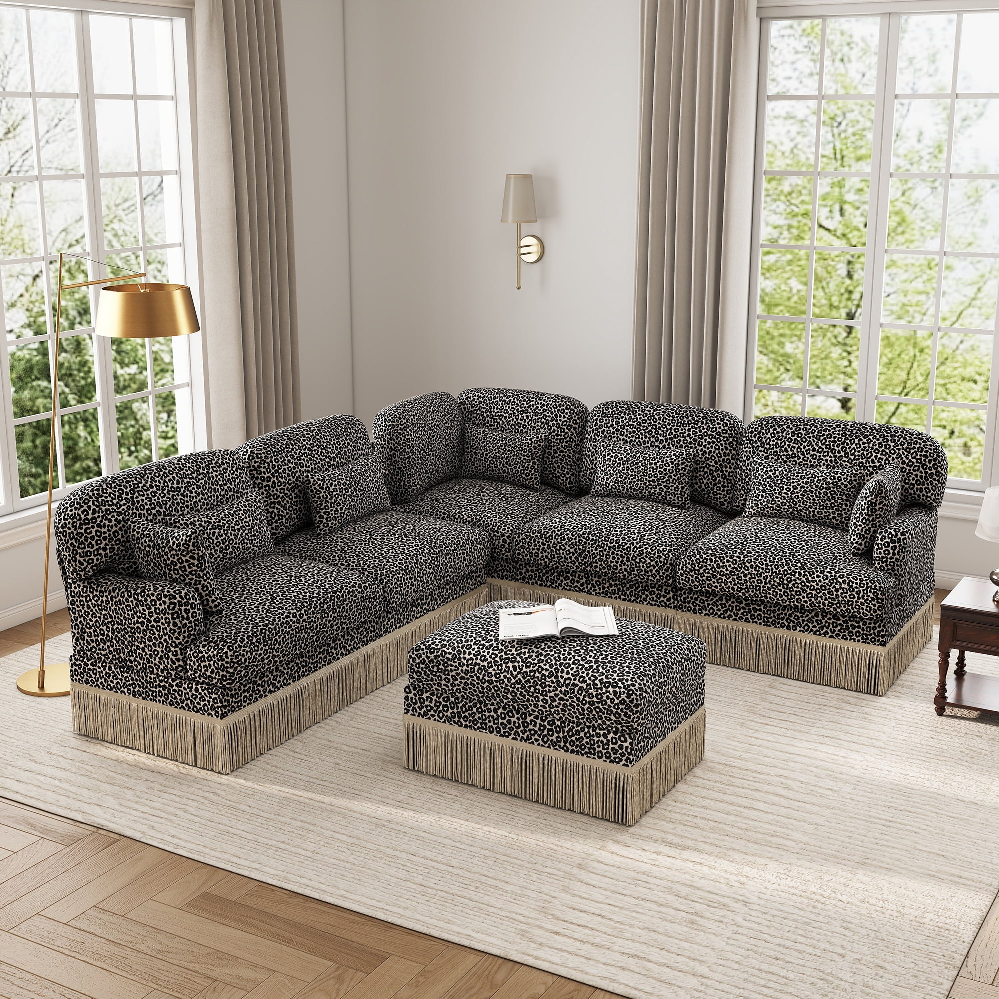 130" U Shaped 6 Seater Large Modular Sectional Corner Sofa with 7 Pillows and Ottoman