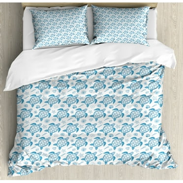 Turtle Duvet Cover Set King Size, Subaquatic Animals Illustration Monochrome Sea Turtle and Shells Ocean Elements, Decorative 3 Piece Bedding Set with 2 Pillow Shams, Blue White, by Ambesonne