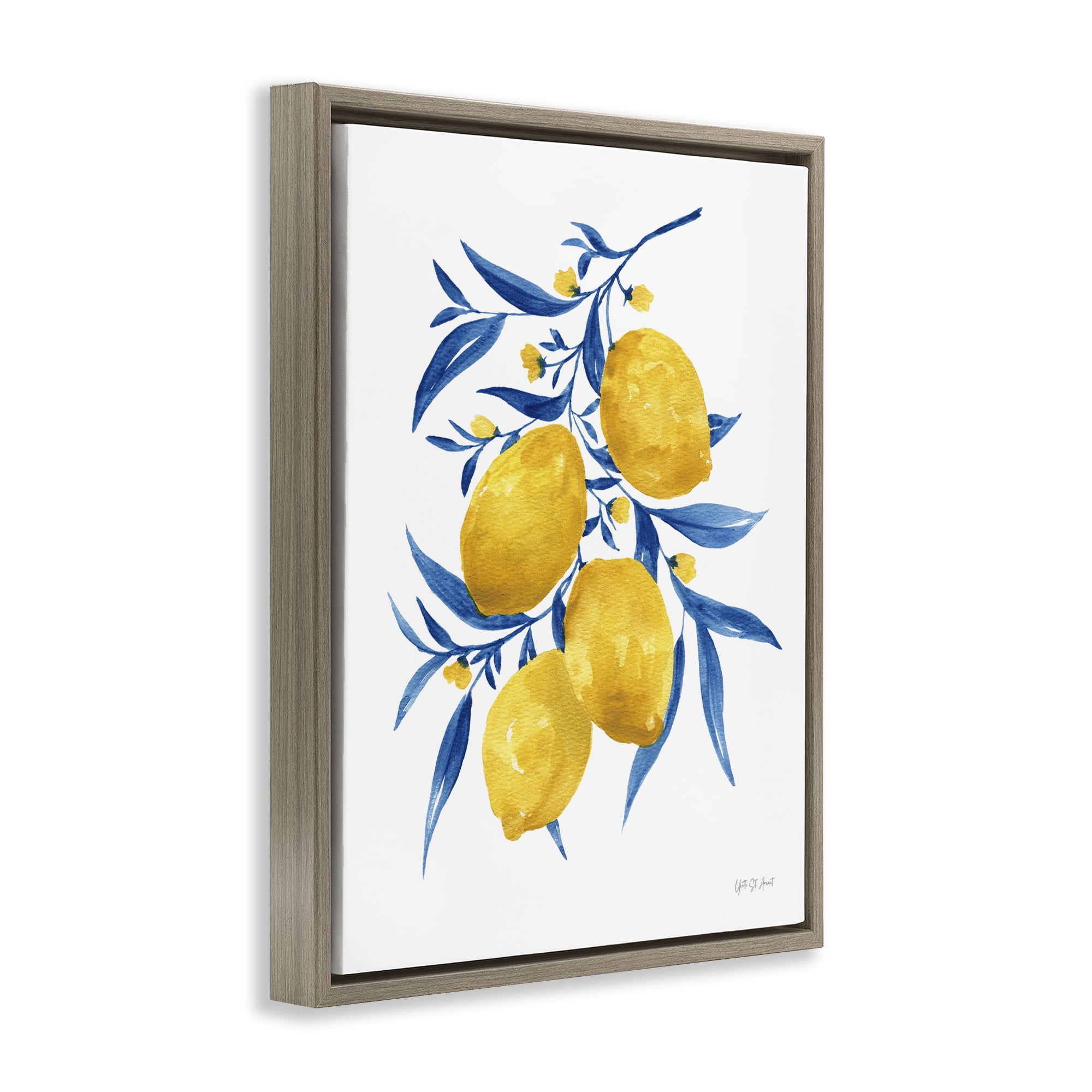 Stupell Industries Blue Leaf Lemons Food & Beverage Painting Brown Floater Framed Canvas Art Print Wall Art, 17 x 21