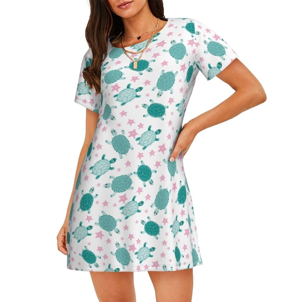 Fotbe Sea Turtle Bata de Dormir para Mujer con Estampado, Camisón de Algodón de Manga Corta, Ropa de Dormir Casual
