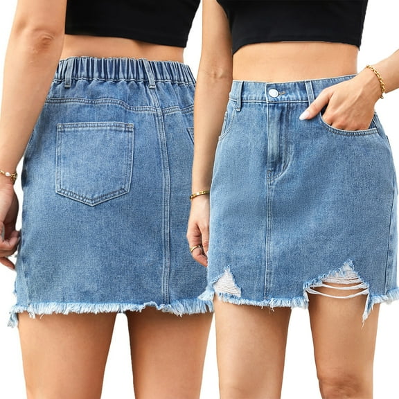 FLMEI Women’s Denim Mini Skirt Mid Waist A-Line Jean Skirts with Pocket for Women Washed Frayed Summer Womens Half-Body Skirt S-XXL