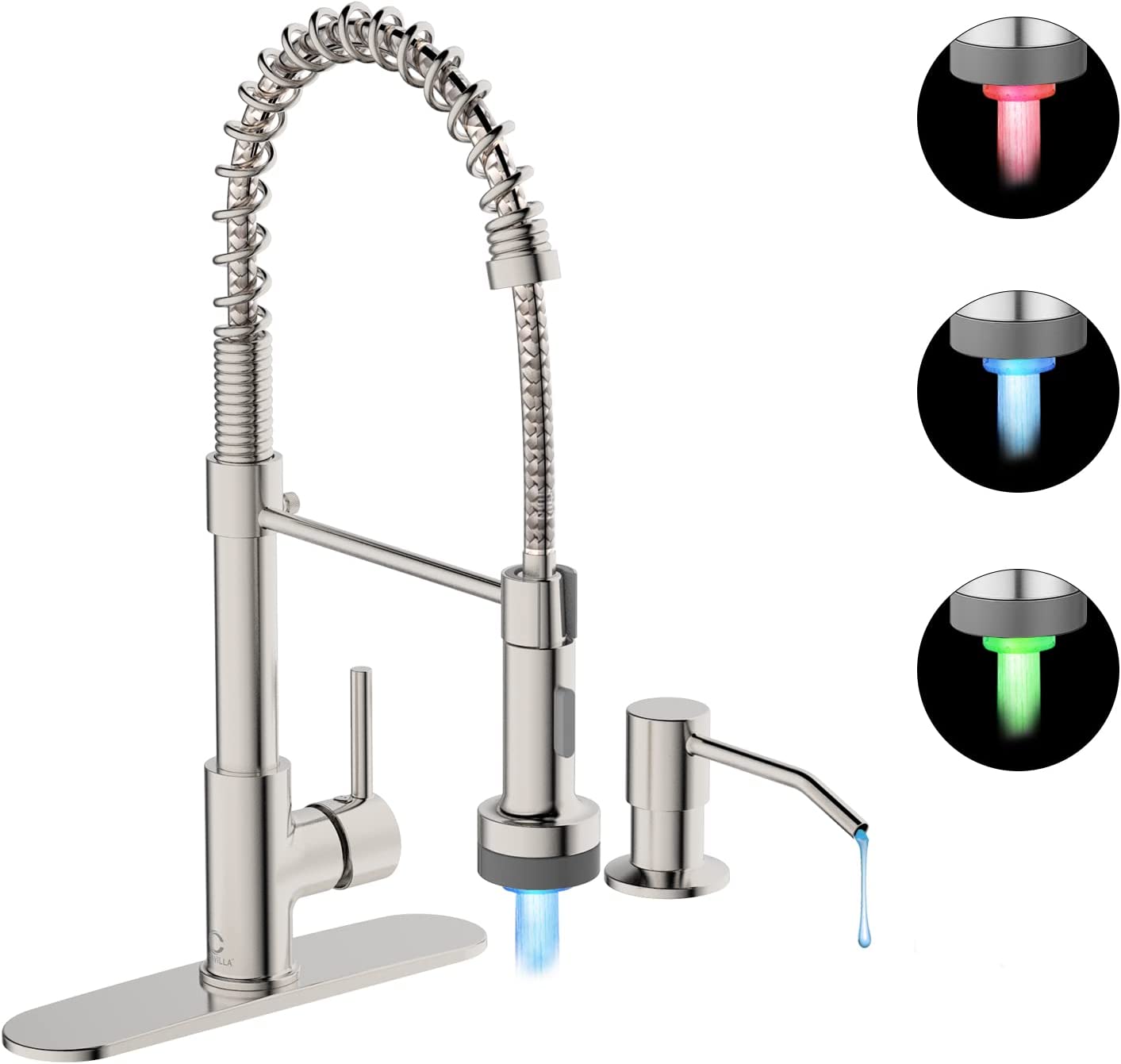 Kitchen Faucet with LED Light,Kitchen Faucet with Soap Dispenser,Faucet for Camper Farmhouse RV Kitchen Sink,Single Handle Stainless Steel Kitchen Sink Faucets with Pull Down Sprayer,Nickel Brushed - image 1 of 17