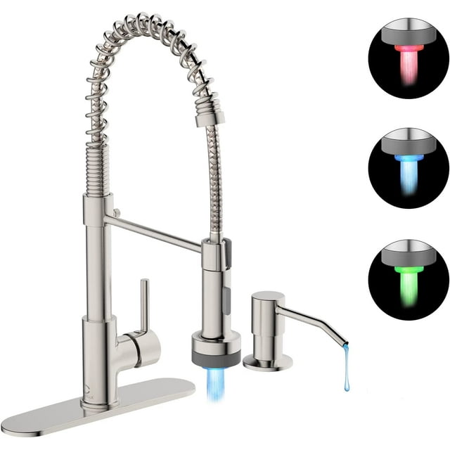 Kitchen Faucet with LED Light,Kitchen Faucet with Soap Dispenser,Faucet for Camper Farmhouse RV Kitchen Sink,Single Handle Stainless Steel Kitchen Sink Faucets with Pull Down Sprayer,Nickel Brushed