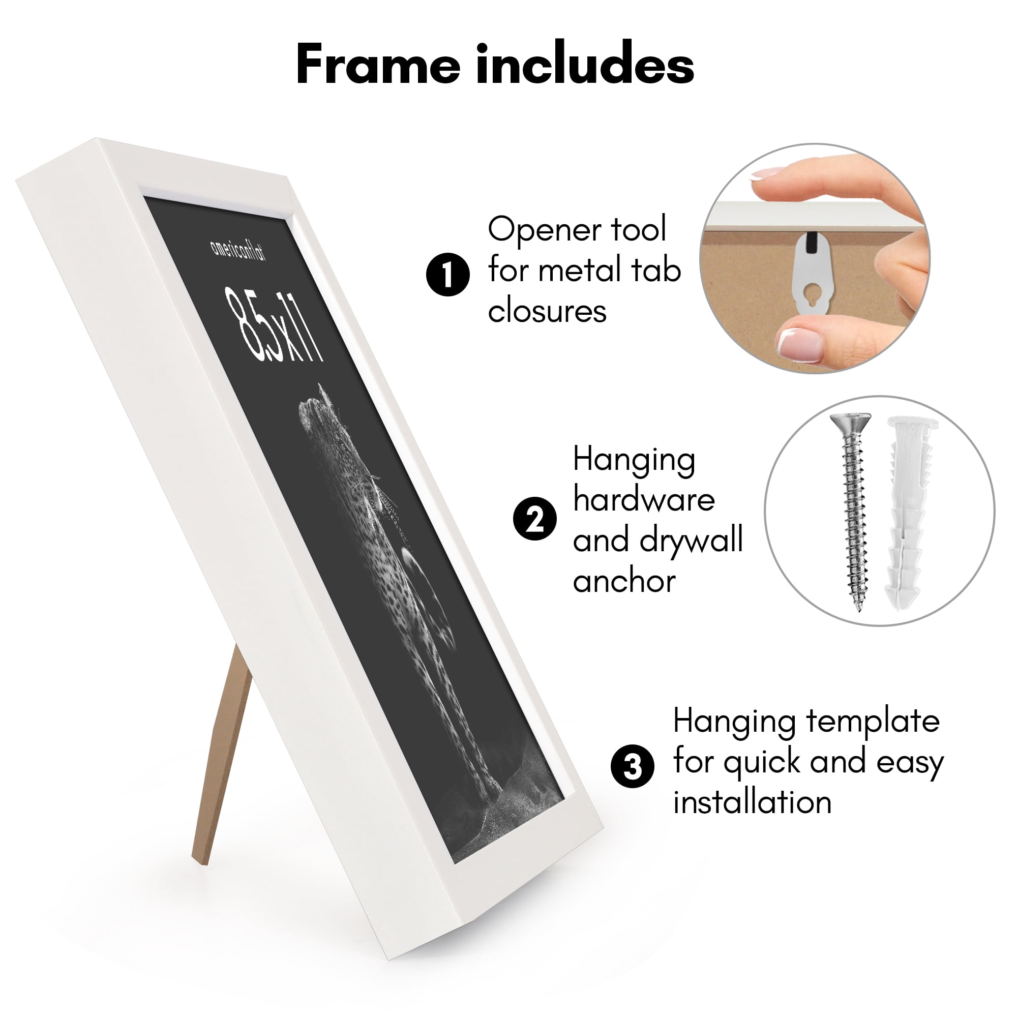 Americanflat 8.5" x 11" Gallery-Style Picture Frame to Secure Artwork, Prints, and Photos - White