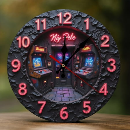 Wall Clock Decorative - Retro Neon Arcade Print 2D Vintage Wall Clocks Battery Operated Silent Non-Ticking for Bedroom, Living Room, Kitchen, Office, Classroom, 10 Inch