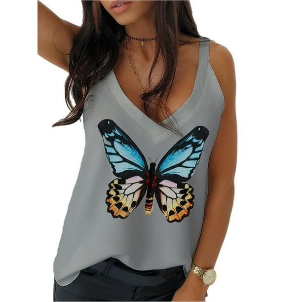 SySea - Butterfly Print V-Neck Women Sleeveless Casual Tank Tops ...