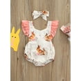thumbnail image 2 of Wassery Infant Baby Girls Easter Romper Dresses Floral Rabbit Print Fly Sleeve Round Neck Jumpsuit Crotch Snap Buttons Headband 0-24M, 2 of 8