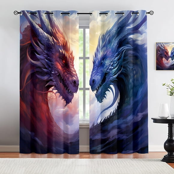 Western Dragon Blackout Curtains, Ice Fire Fantasy Dragon Window Drapes for Bedroom Living Room Kitchen, Thermal Insulated Grommet Curtains 53"W x 96"L (2 Pack)