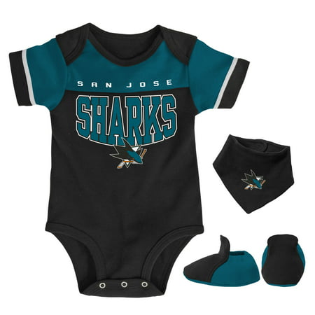 

Newborn & Infant Black/Teal San Jose Sharks Puck Happy Bodysuit Bib & Booties Set