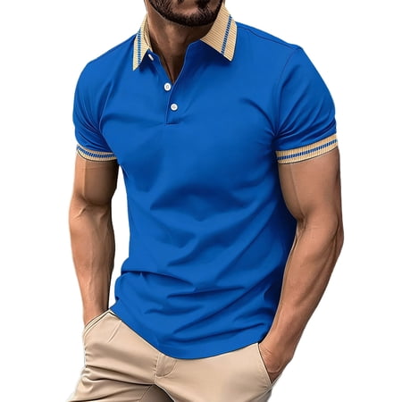 YUGYXL Mens Fashion Color Block Shirts Casual Short Sleeve T Shirt Striped Lightweight Comfy Golf Shirts Summer Tops Blue XL