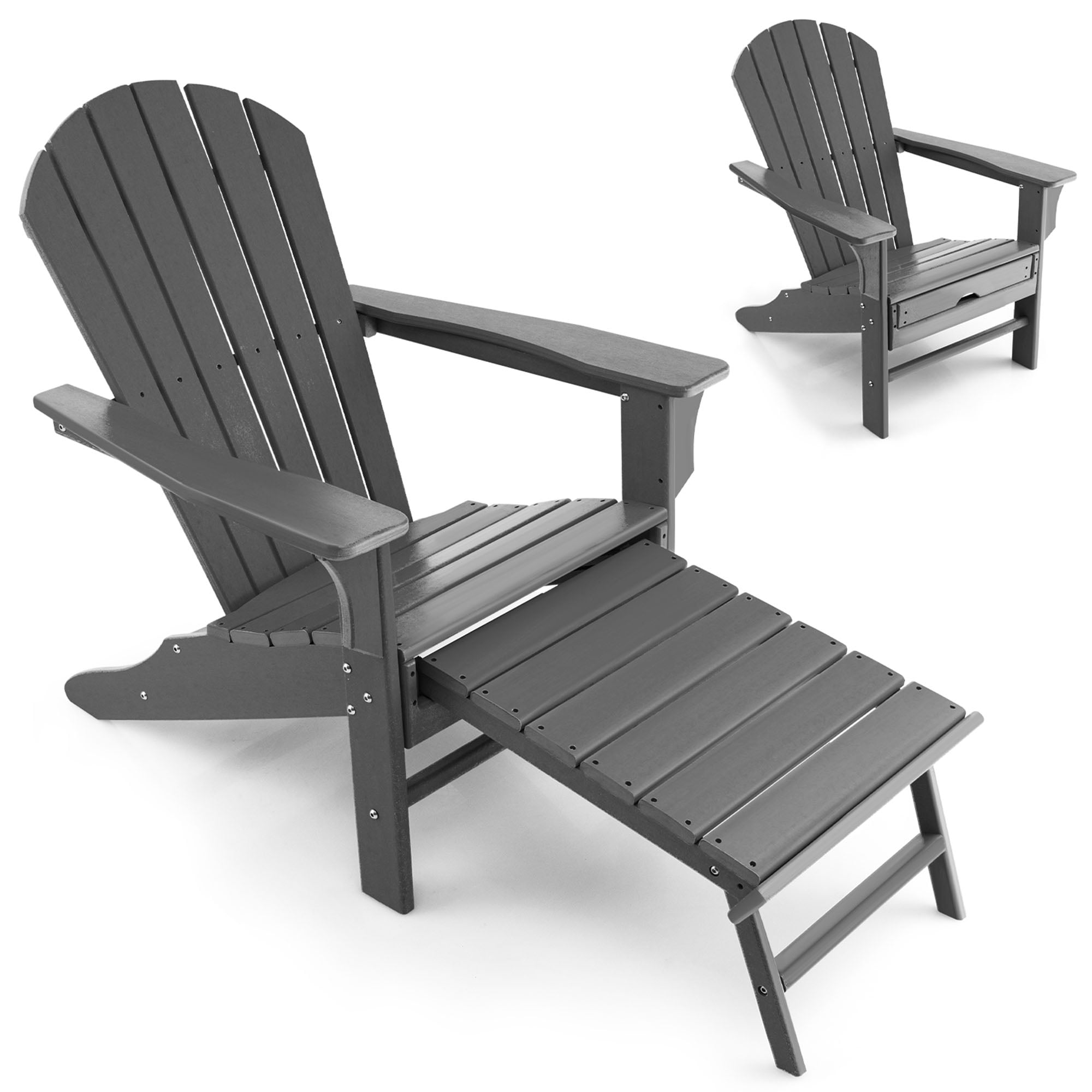 Gymax Patio Adirondack Chair HDPE Outdoor Lounge Chair w/ Retractable Ottoman Grey