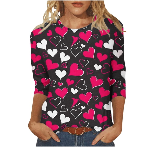 Htigea Womens Valentine's Day Shirts 3/4 Sleeve Heart Print T-Shirts Casual Crewneck Pullover Tops Three-Quarter Sleeves Holiday Lounge Tees Black,S