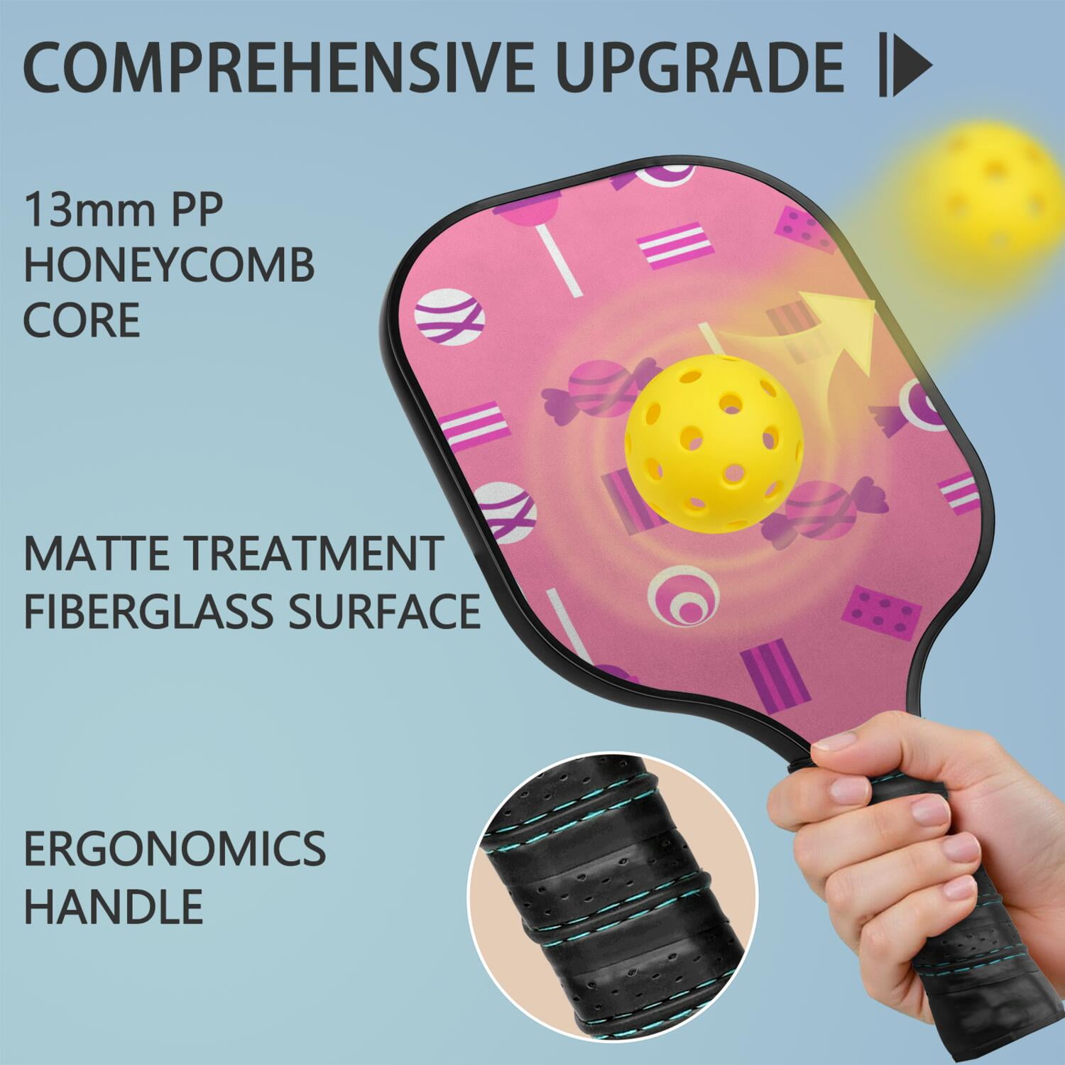 Pickleball Paddles Set Of 1, Fiberglass Surface, Sweet Candy Print, 1 Paddle, 2 Balls & Bag
