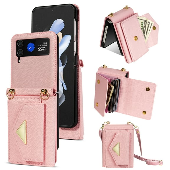 Allytech for Samsung Galaxy Z Flip 4 Wallet Case Cover, PU Leather Large Space Cards Slots Detachable Shoulder Strap Back Cover for Girls Women Shockproof Phone Case for Galaxy Z Flip 4 - Pink