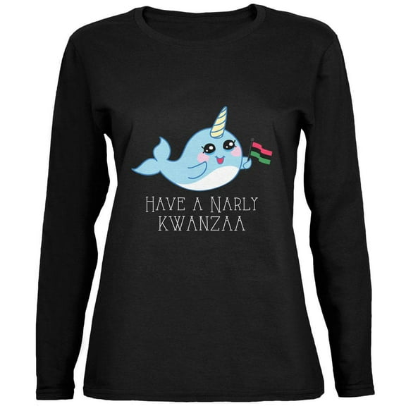 Narwhal Have a Narly Gnarly Kwanzaa Womens Long Sleeve T Shirt Navy MD