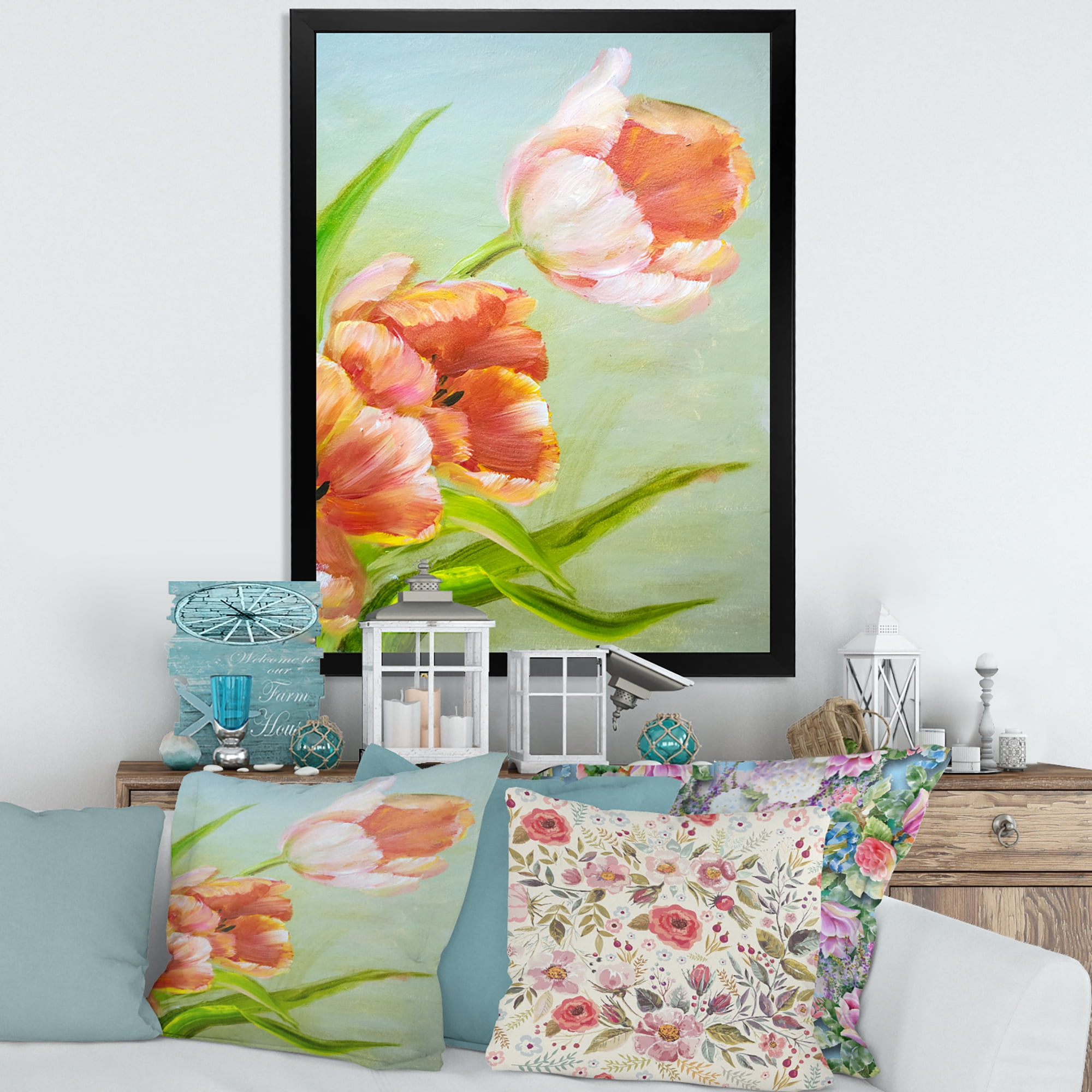 Designart 'Ancient Red Tulips Flowers I' Traditional Framed Art Print
