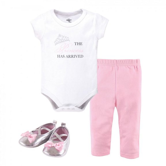 Little Treasure Baby Girl Cotton Bodysuit, Pant and Shoe 3pc Set, Princess, 0-3 Months