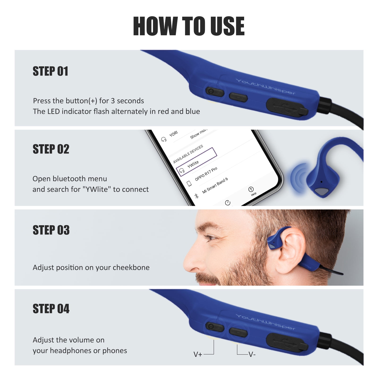 YouthWhisper Bone Conduction Headphones Bluetooth Open Ear Headset Wireless Bluetooth Sports Earphones with Built-in Mic Waterproof for Workout