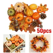 Fake Pumpkins Fall Decor, Pumpkins Harvest Maple Leaves Pine Cones Acorns, for Halloween Thanksgiving Decorations - 50PCS